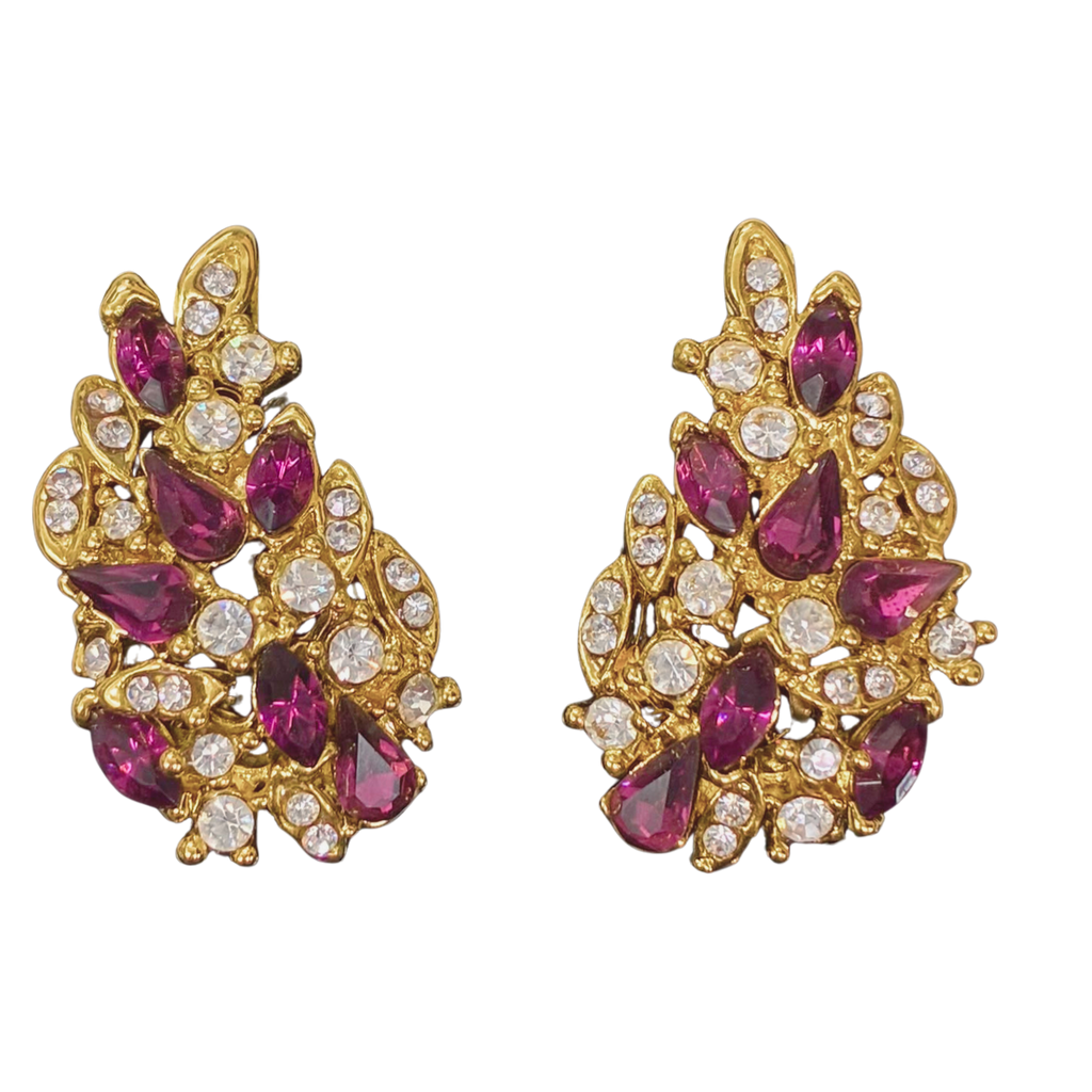 Gold Tone Clip On Earrings Crystal Cluster Leaf Shaped Design