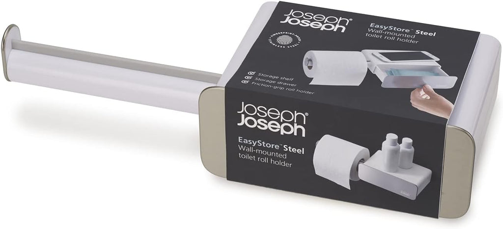Joseph Joseph 70529 EasyStore SS WallMounted Toilet Paper Roll Holder With Shelf And Drawer White