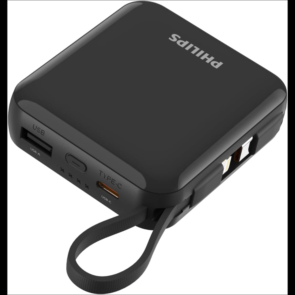 Philips 10000mAh Powerbank Super Mini Series PD 22.5W With Type C And Lightning Cable DLP5713 Black