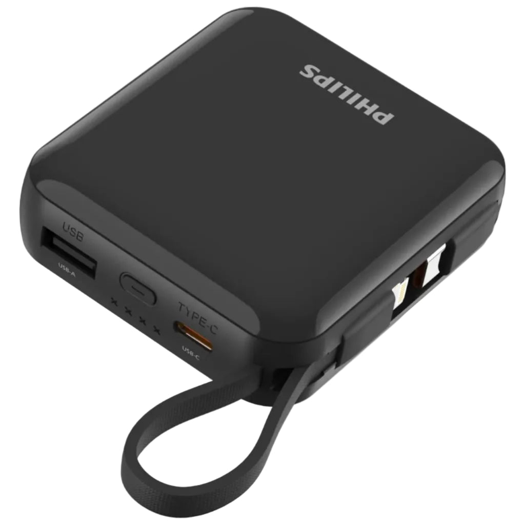Philips 10000mAh Powerbank Super Mini Series PD 22.5W With Type C And Lightning Cable DLP5713 Black