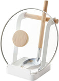 Yamazaki Home Ladle & Lid Rest - Kitchen Utensil Organizer Stand for Cooking Steel + Wood White
