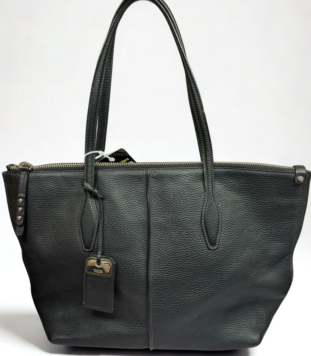 Tods Joy Black Pebbled Leather Medium Tote Bag