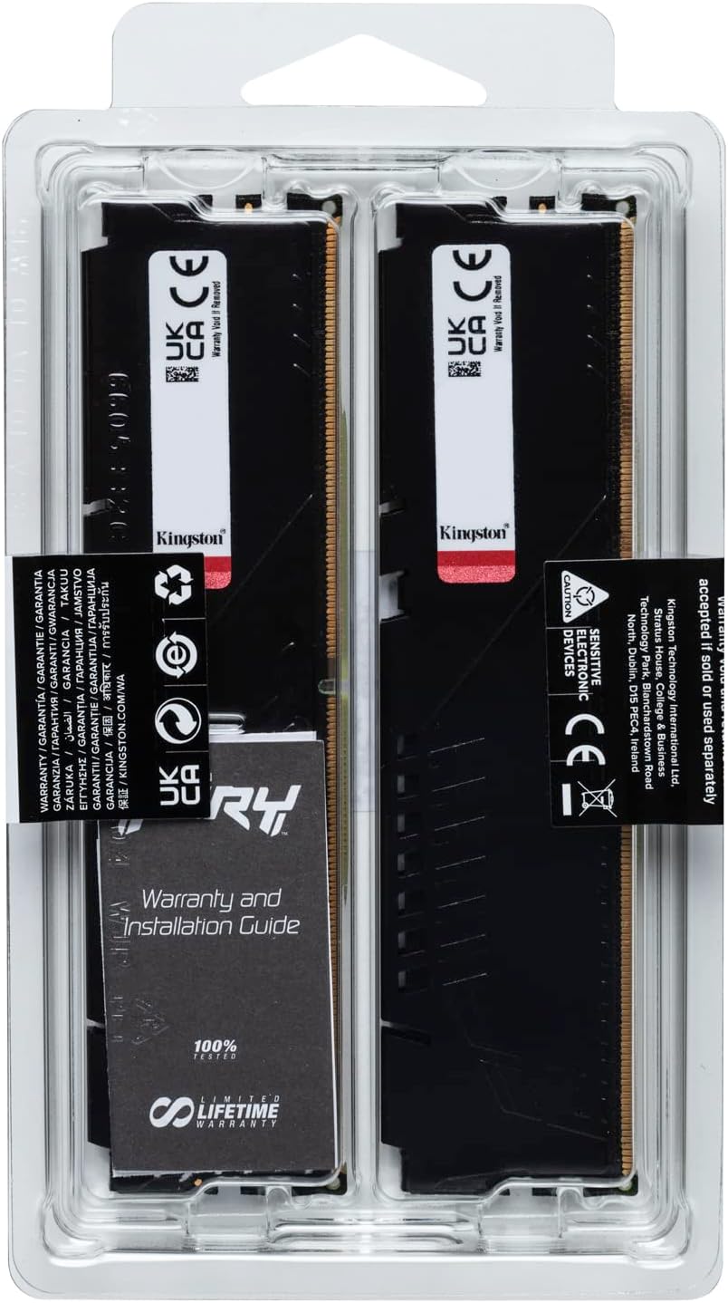 Kingston Technology Fury Beast Black 16GB 4800MTps DDR5 CL38 XMP 3.0 Ready Computer Memory Kit Of 2 KF548C38BBK216