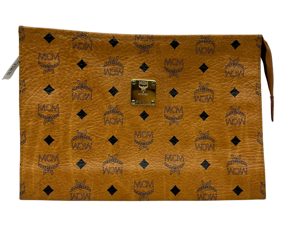 MCM Aren Medium Wristlet Zip Pouch Visetos Cognac Coated Canvas And Nappa Leather 29cm
