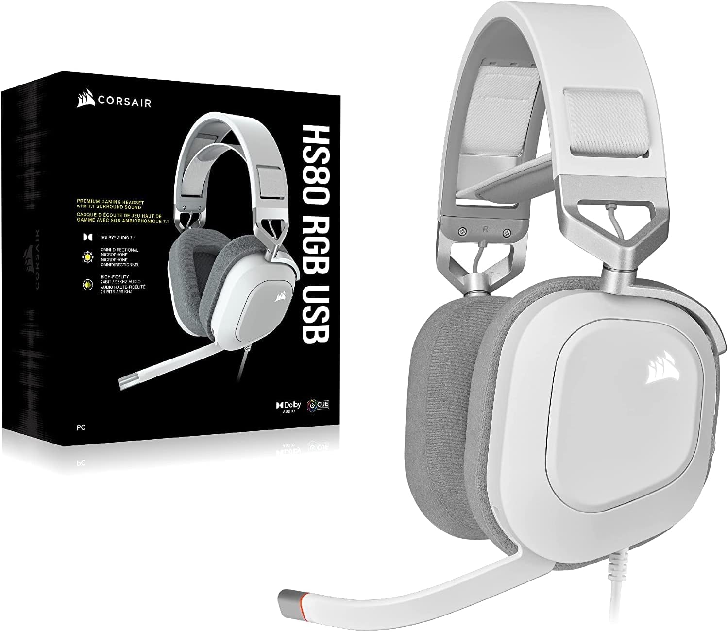 Corsair HS80 RGB USB Premium Gaming Headset with 7.1 Surround Sound, White, Large Main image