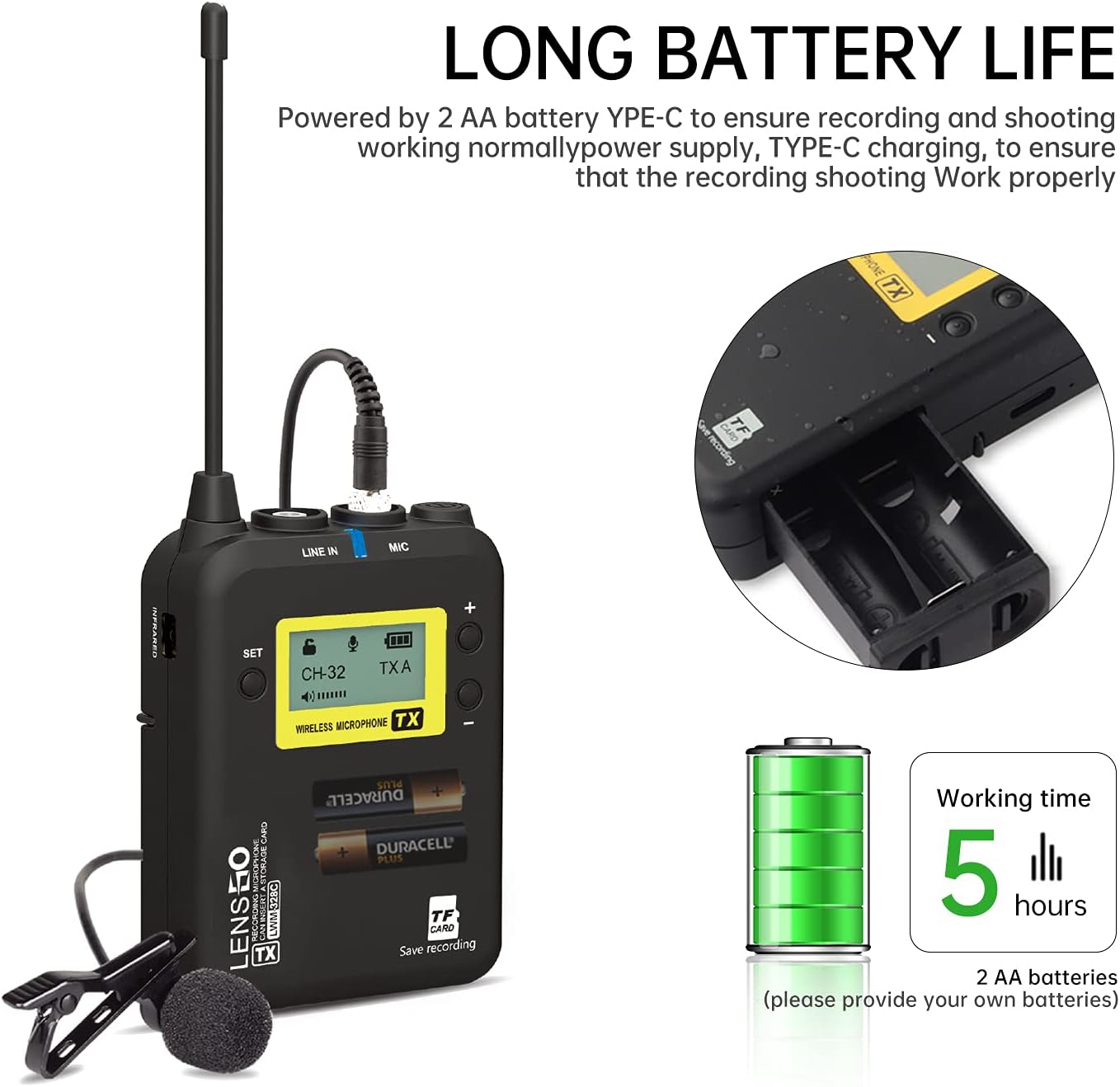 Wireless Lavalier Microphone System, LENSGO LWM-328C 99-Channel UHF Professional Omnidirectional Wireless Lapel Mic for Canon Nikon DSLR Camera Smartphone Camcorder Interview Video Recording Secondary image