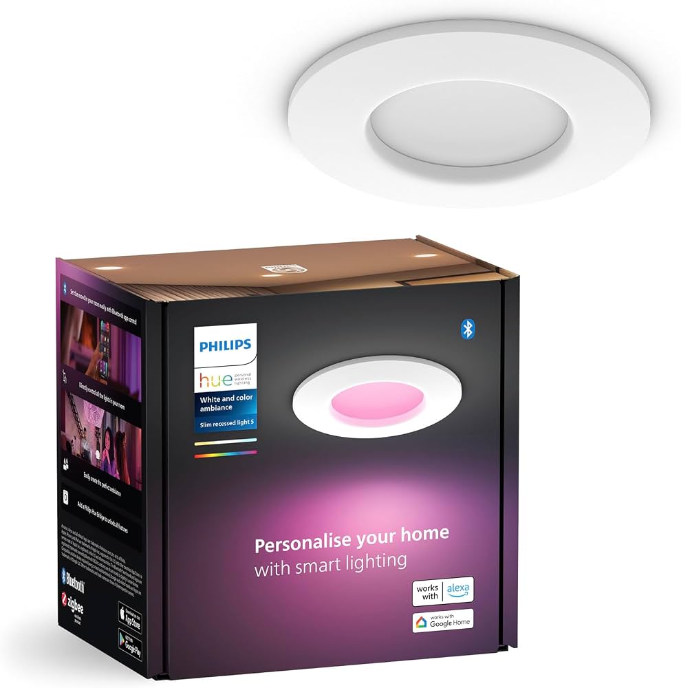 Philips Hue Smart Slim Recessed Light, 90 mm, White & Coloured Light, Bluetooth Compatible, Voice Control with Alexa, Apple Home & Google Assistant, White, Pack of 1