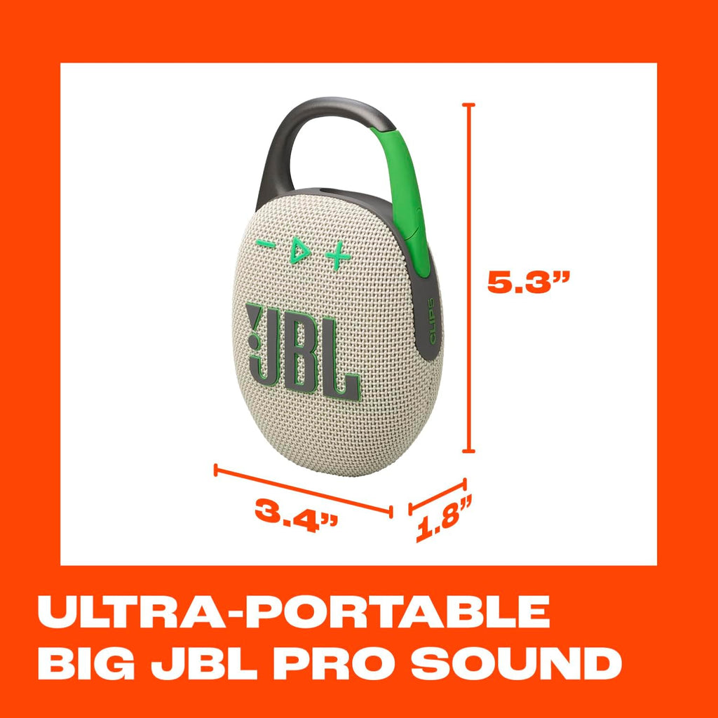 JBL Clip 5 - Ultra-Portable, Waterproof & Dustproof Bluetooth Speaker, Big Pro Sound with Punchy bass, Integrated Carabiner, Up to 12 Hours of Play, Made in Part with Recycled Materials Sand
