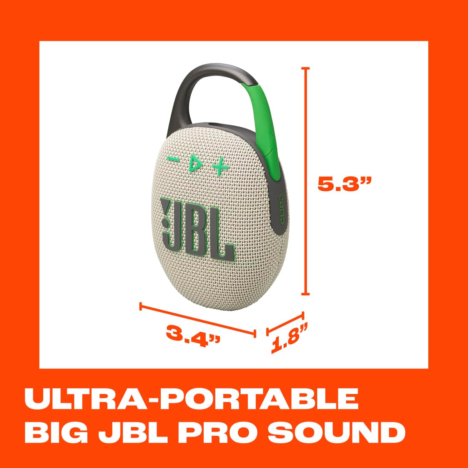JBL Clip 5 - Ultra-Portable, Waterproof & Dustproof Bluetooth Speaker, Big Pro Sound with Punchy bass, Integrated Carabiner, Up to 12 Hours of Play, Made in Part with Recycled Materials Sand