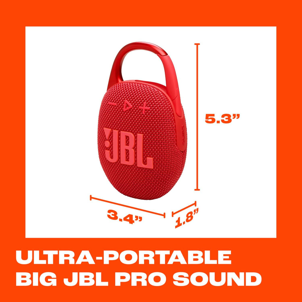 JBL Clip 5 - Ultra-Portable, Waterproof & Dustproof Bluetooth Speaker, Big Pro Sound with Punchy bass, Integrated Carabiner, Up to 12 Hours of Play, Made in Part with Recycled Materials Red