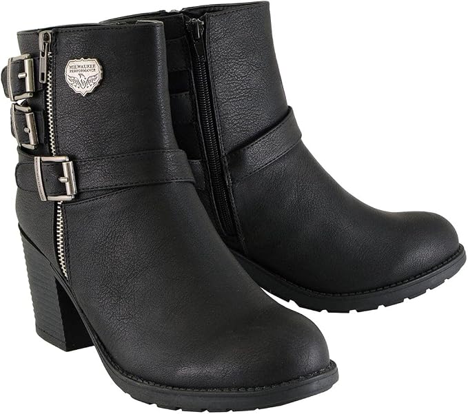 Milwaukee Performance Women's Triple Buckle Side Zip Boots with Platform Heel (Black, Size 8)