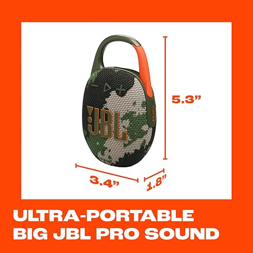 JBL Clip 5 - Ultra-Portable, Waterproof & Dustproof Bluetooth Speaker, Big Pro Sound with Punchy bass, Integrated Carabiner, Up to 12 Hours of Play, Made in Part with Recycled Materials SQUAD