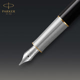 Parker Sonnet Fountain Pen, Premium Metal and Black Gloss Finish with Gold Trim, Fine 18k Gold Nib with Black Ink Cartridge