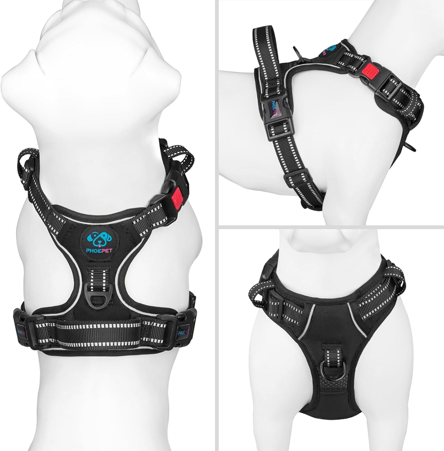 PHOEPET No Pull Dog Harnesses For Small Dogs Reflective Adjustable Front Clip Vest With Handle 2 Metal Rings 3 Buckles S Black Secondary image