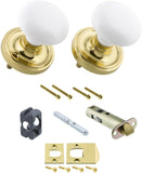 Nostalgic Warehouse 702208 Classic Rosette With White Porcelain Door Knob Passage 2.375in Polished Brass