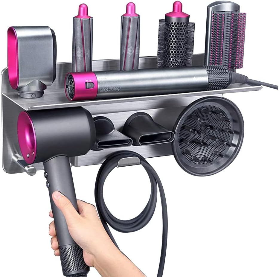 LandHope Hair Dryer Holder for Dyson Supersonic Hair Dryer Organizer Storage Shelf 2in1 Wall Mounted Stand Fits Curler Diffuser Two Nozzles for Bathroom Bedroom Hair Salon Barbershop Main image