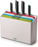 Joseph Joseph Folio Icon 8-Piece Multi Colour coded Cutting Board Set with Japanese Stainless Steel Knives, Slimline case for organized Kitchen storage, Silver