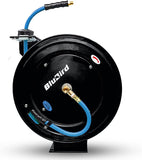 BLUBIRD BBR3850 20ga. Retractable Hose Reel with 1/2" X 50' Air Hose, 12 Point Ratcheting Gear, Next-Gen Rubber, Lightest, Strongest, Most Flexible, 300 PSI, 50F to 190F Degrees, Polyester Braided-JE