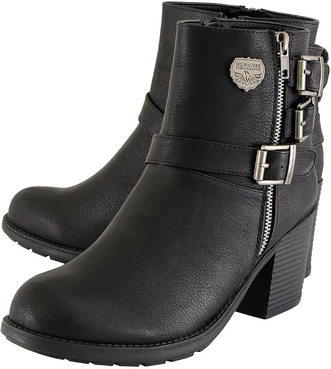 Milwaukee Performance Women's Triple Buckle Side Zip Boots with Platform Heel (Black, Size 8)