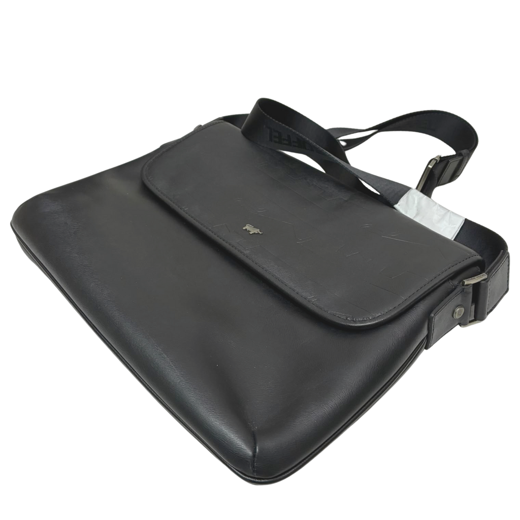 Braun Buffel Black Leather Messenger Bag Embossed Wave Pattern Flap