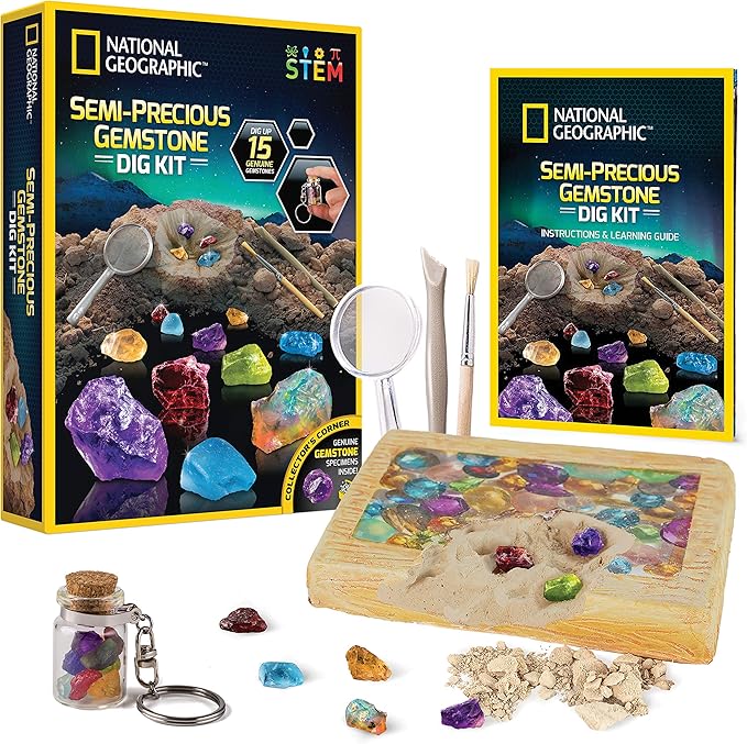 NATIONAL GEOGRAPHIC Semi-Precious Gemstone Dig Kit - STEM Digging Kit with 15 Semi-Precious Gemstones