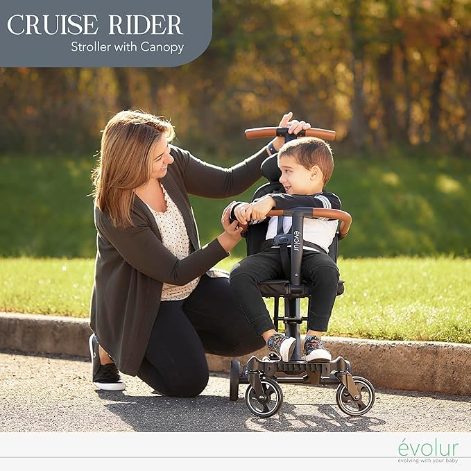 Evolur Cruise Rider Stroller with Awning, Lightweight Umbrella Stroller with Compact Folding, Easy to Carry Travel Stroller, Black