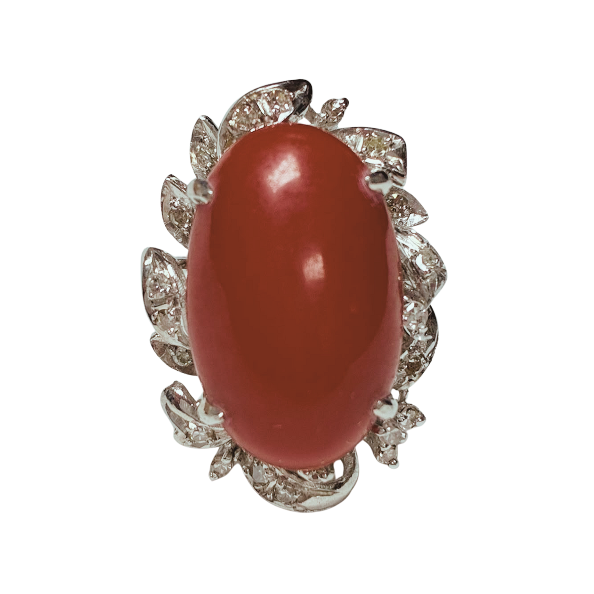 18KWG Oval Red Coral Cabochon And Diamond Ring 9.4GM Main image