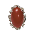 18KWG Oval Red Coral Cabochon And Diamond Ring 9.4GM