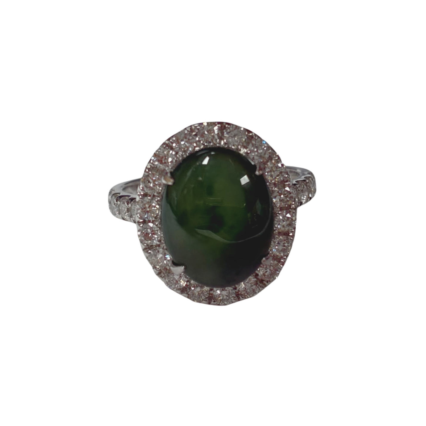 18K White Gold Jade And Diamond Halo Ring 4.61G Size 12 Secondary image