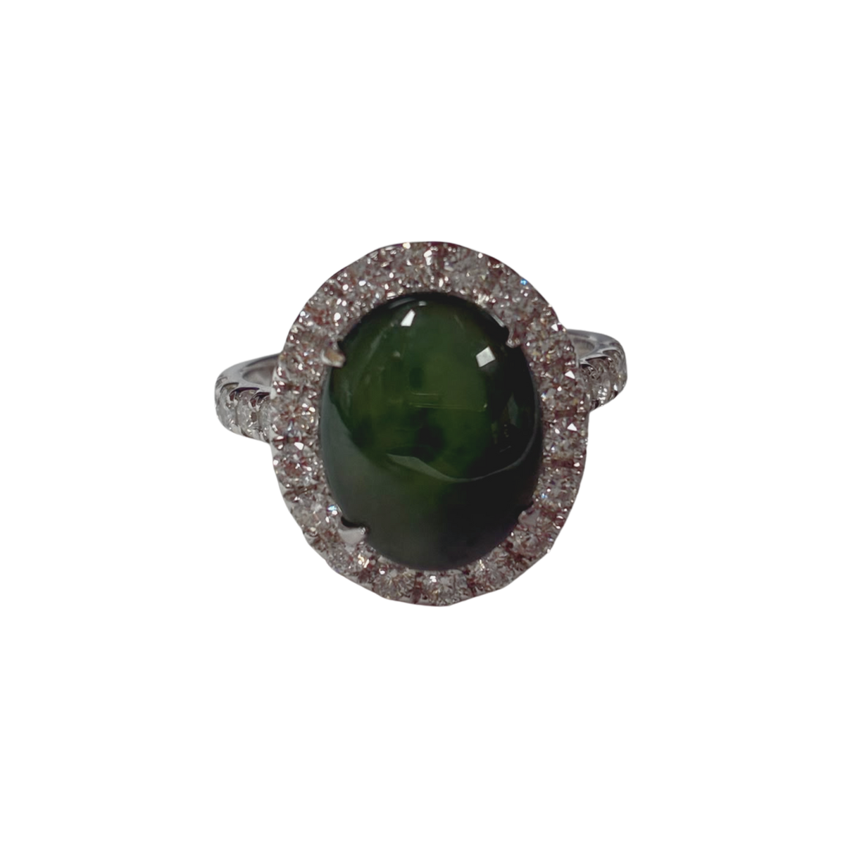 18K White Gold Jade And Diamond Halo Ring 4.61G Size 12