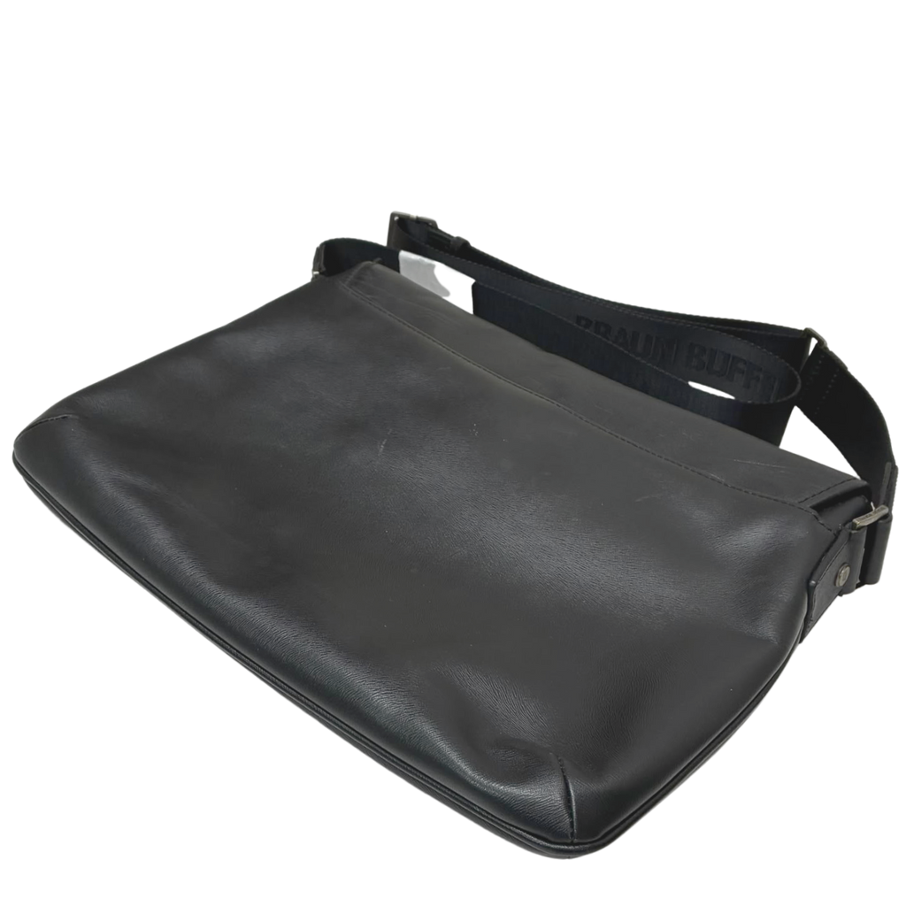 Braun Buffel Black Leather Messenger Bag Embossed Wave Pattern Flap