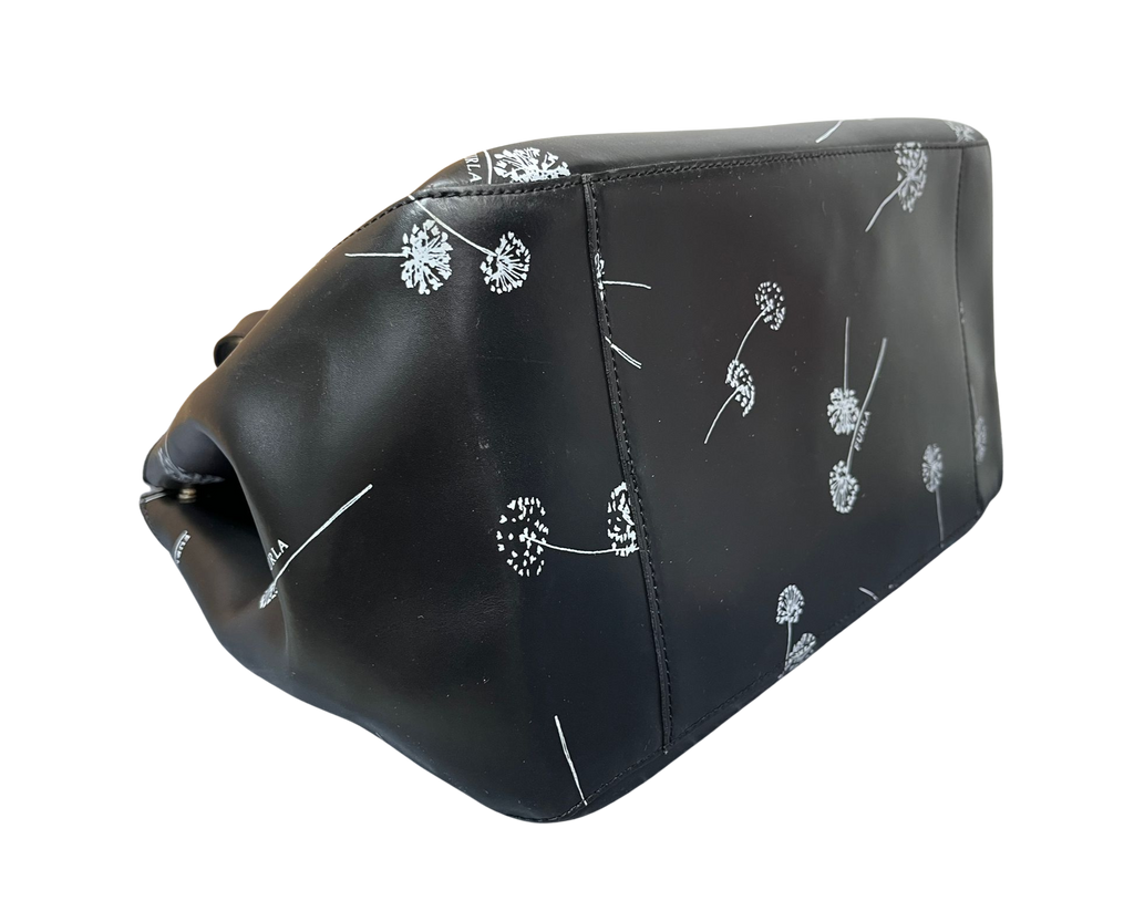 Furla Tote Bag Black Leather White Dandelion Print