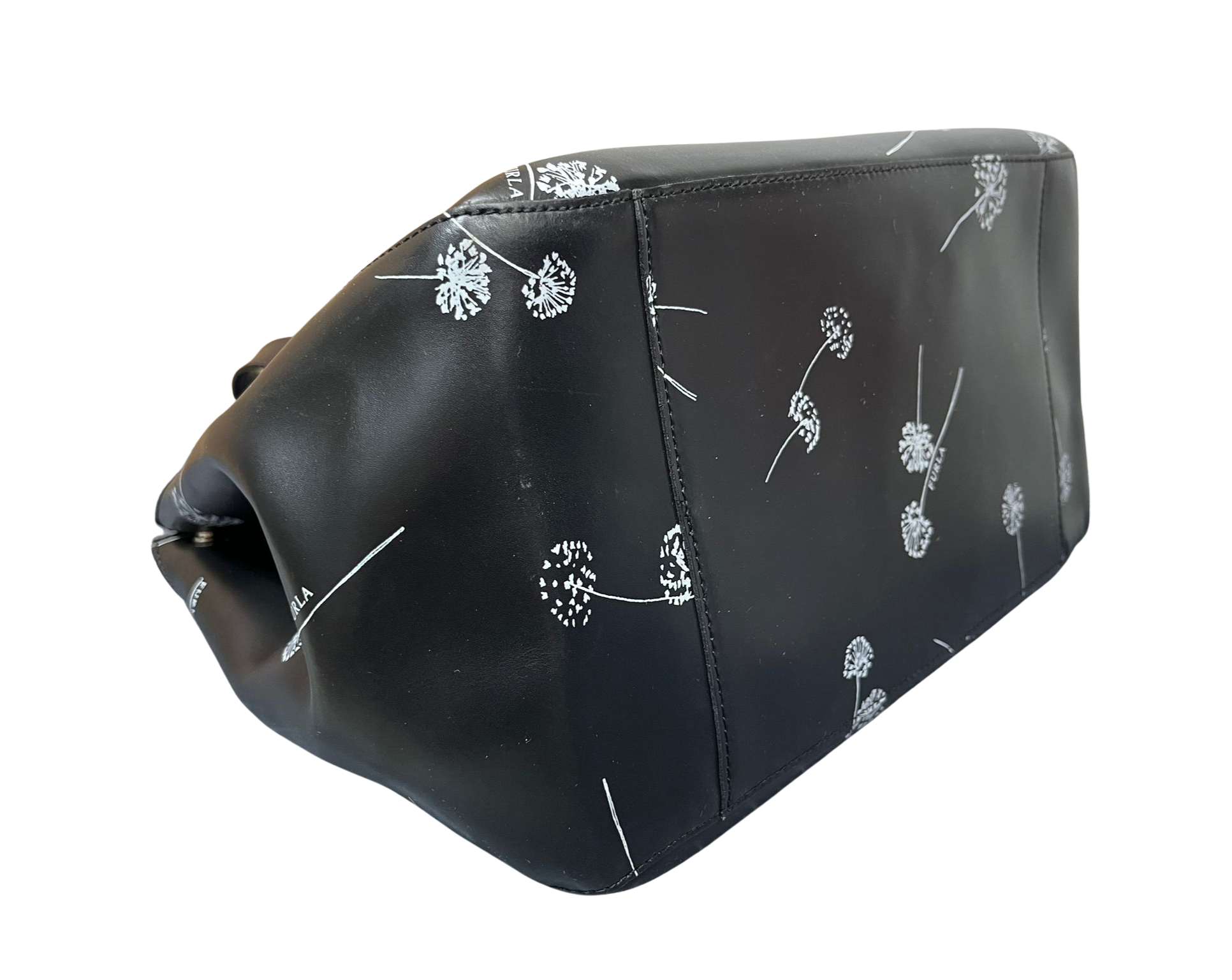 Furla Tote Bag Black Leather White Dandelion Print