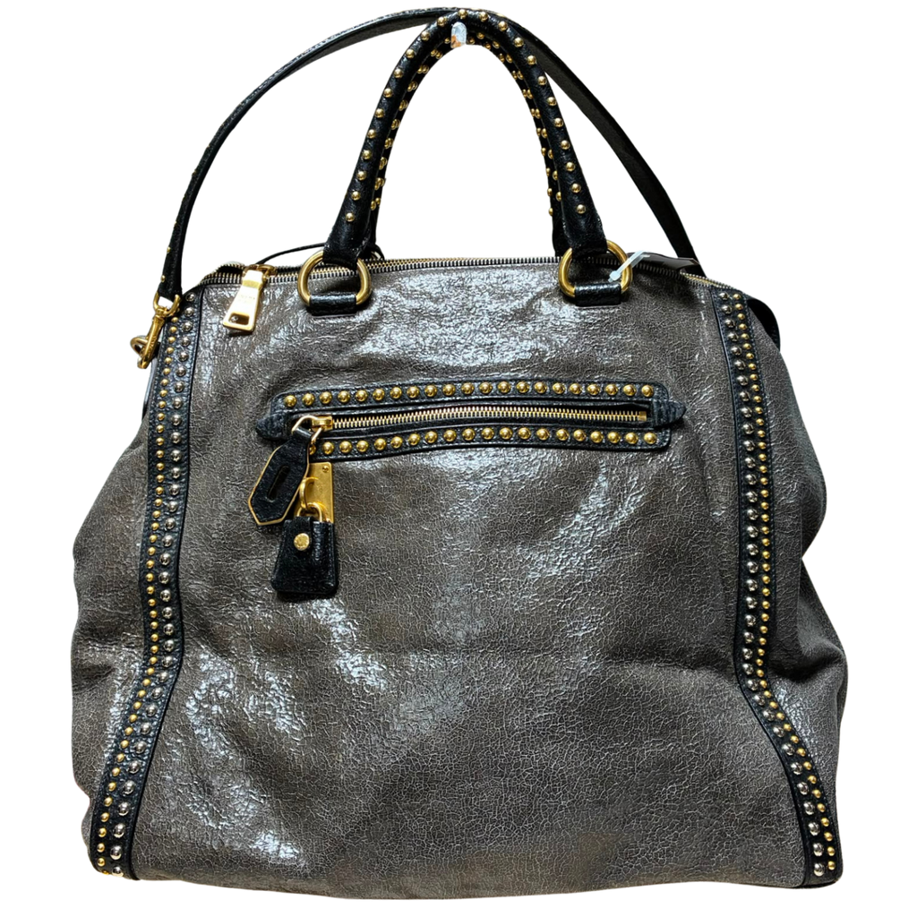 Prada Craquele Leather Studded Bauletto Large Tote