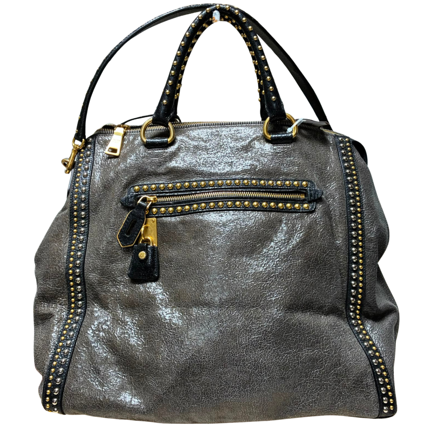 Prada Craquele Leather Studded Bauletto Large Tote