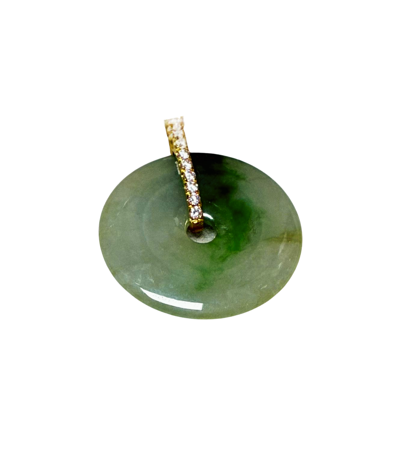 Traditional Chinese Jade Bi Disc Pendant Green Jade Diamond Paved Gold Bail 7.1GM Secondary image