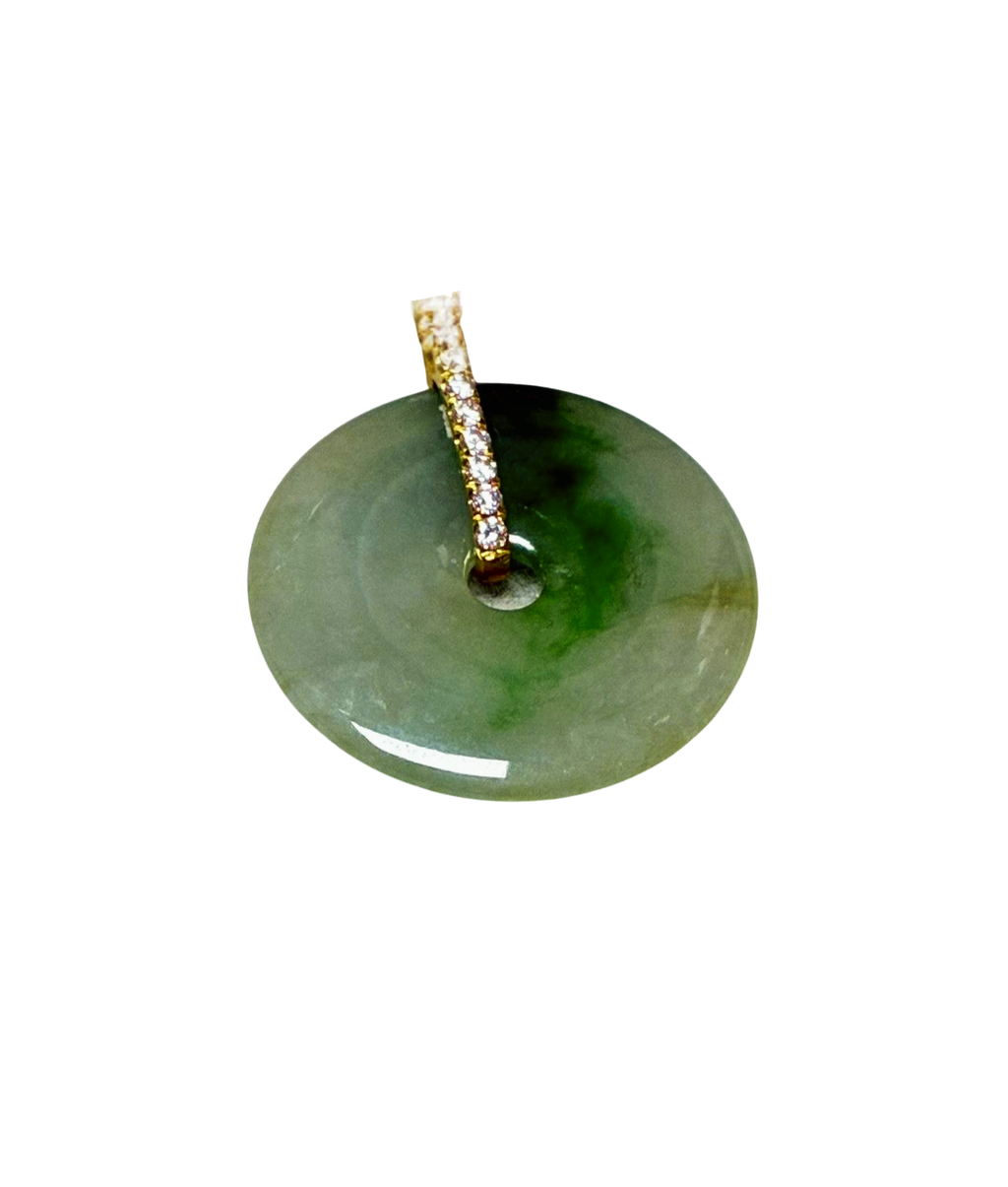Traditional Chinese Jade Bi Disc Pendant Green Jade Diamond Paved Gold Bail 7.1GM