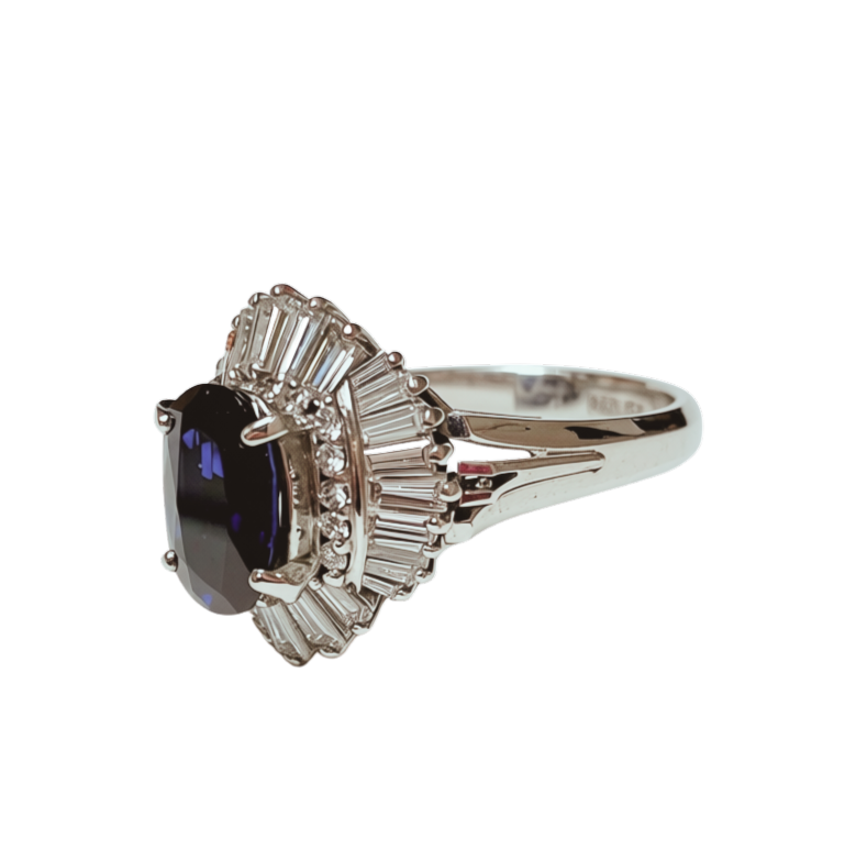 PT900  Ballerina Cluster Ring Oval Deep Blue Sapphire Framed By Tiered Halo Of Tapered Baguette And Round Diamonds 9.0G Size 11