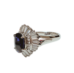 PT900  Ballerina Cluster Ring Oval Deep Blue Sapphire Framed By Tiered Halo Of Tapered Baguette And Round Diamonds 9.0G Size 11