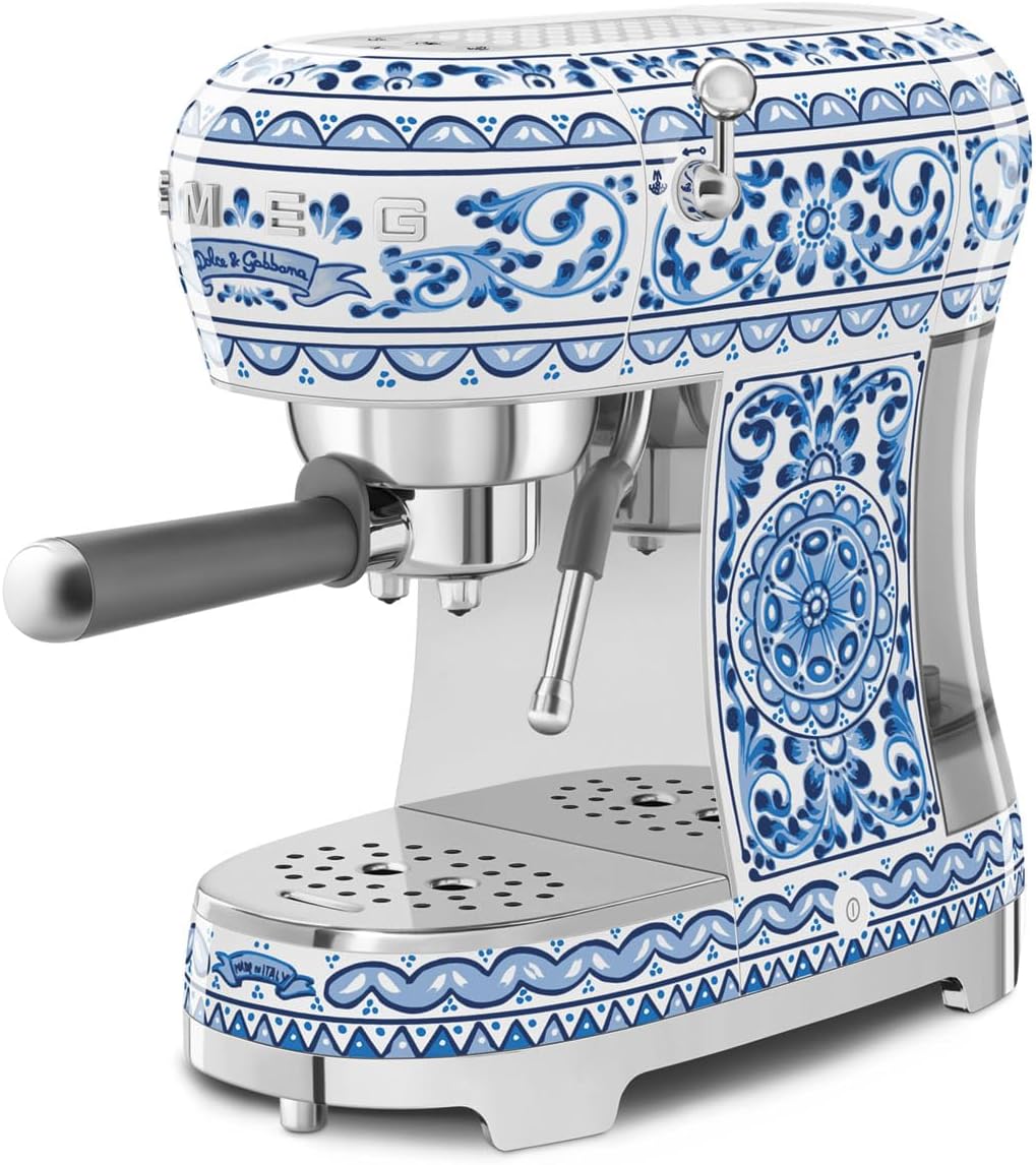 Smeg ECF02DGBUK Dolce & Gabbana's Blu Mediterraneo Series Espresso Coffee Machine with Steam Wand Main image