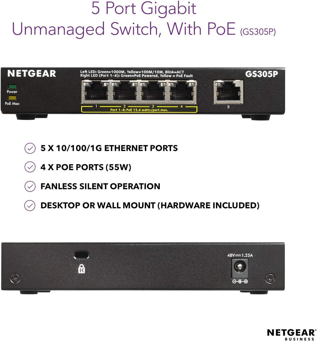 NETGEAR GS305P 5 Port Gigabit Unmanaged PoE Desktop Switch 55W