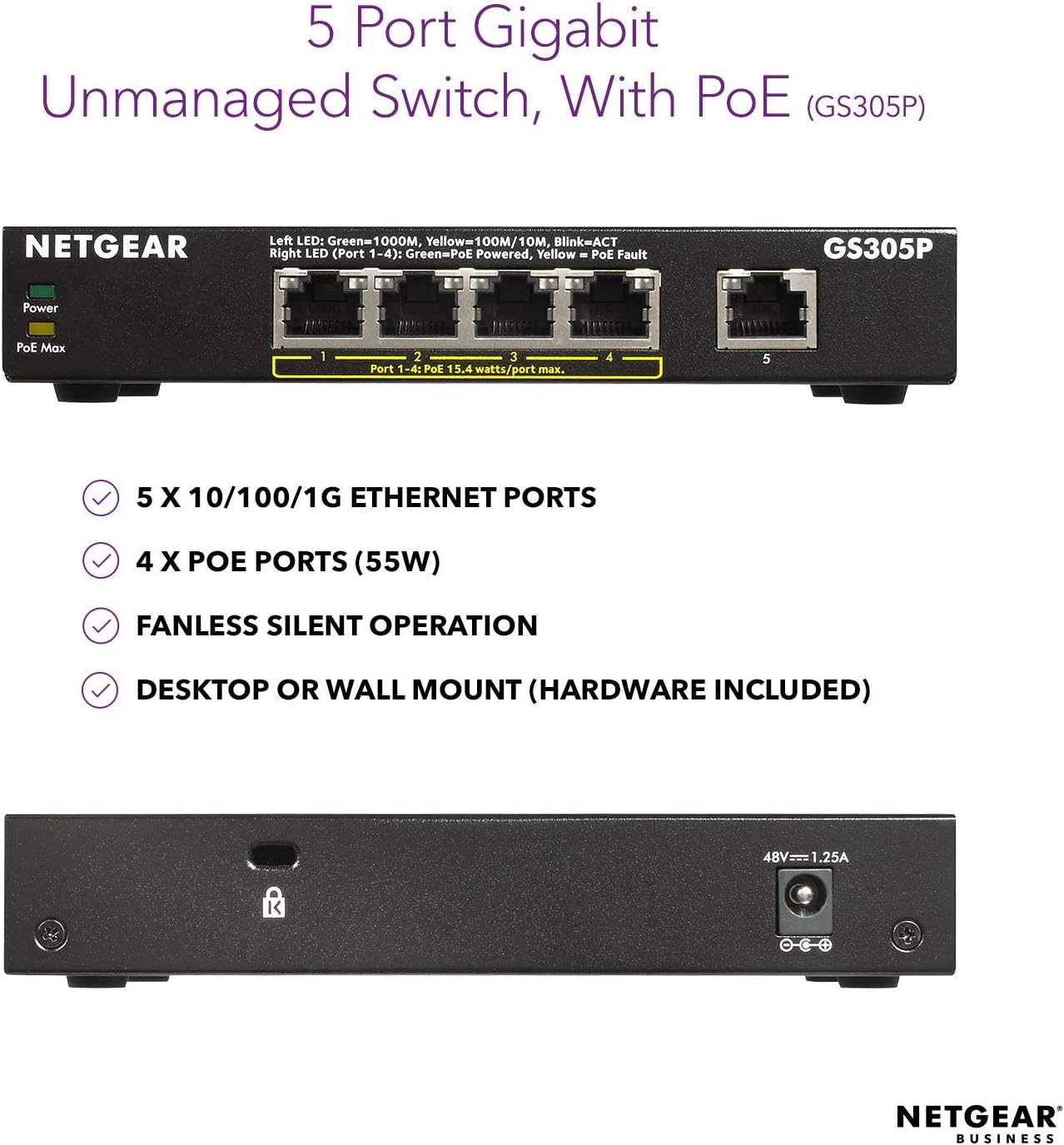 NETGEAR GS305P 5 Port Gigabit Unmanaged PoE Desktop Switch 55W