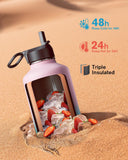 Coolflask Water Bottle Insulated 64 oz with Straw & 3 Lids, Half Gallon, Bubblegum Princess