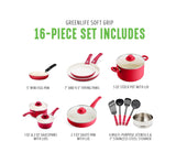 GreenLife Soft Grip Ceramic Non-Stick Cookware Set, Red, 16Pc