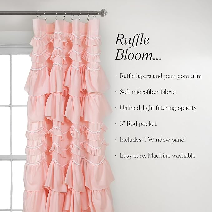 Lush Decor Kemmy Curtain | Ruffled, Textured Shabby Chic Style Window Panel for Living, Dining Room, Bedroom (Single), 84” x 52”, Peachy Pink Secondary image