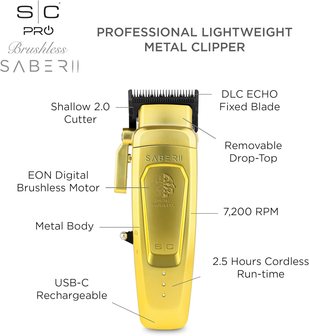 Stylecraft Saber II Professional Full Metal Body High-Torque Digital Brushless Motor Cordless Hair Clipper (Gold)