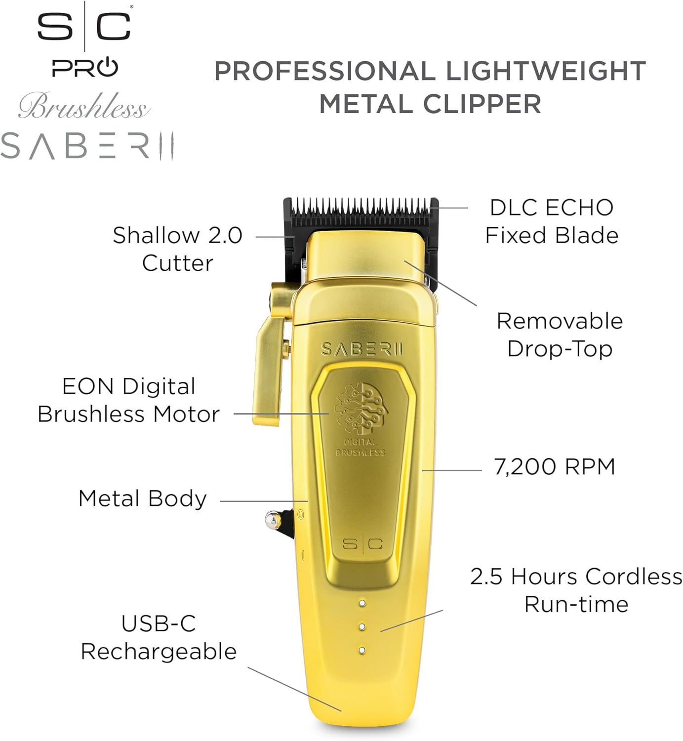 Stylecraft Saber II Professional Full Metal Body High-Torque Digital Brushless Motor Cordless Hair Clipper (Gold)