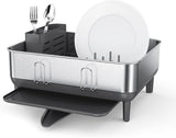 simplehuman Compact Kitchen Dish Drying Rack with Swivel Spout, Fingerprint-Proof Stainless Steel Frame, Grey Plastic