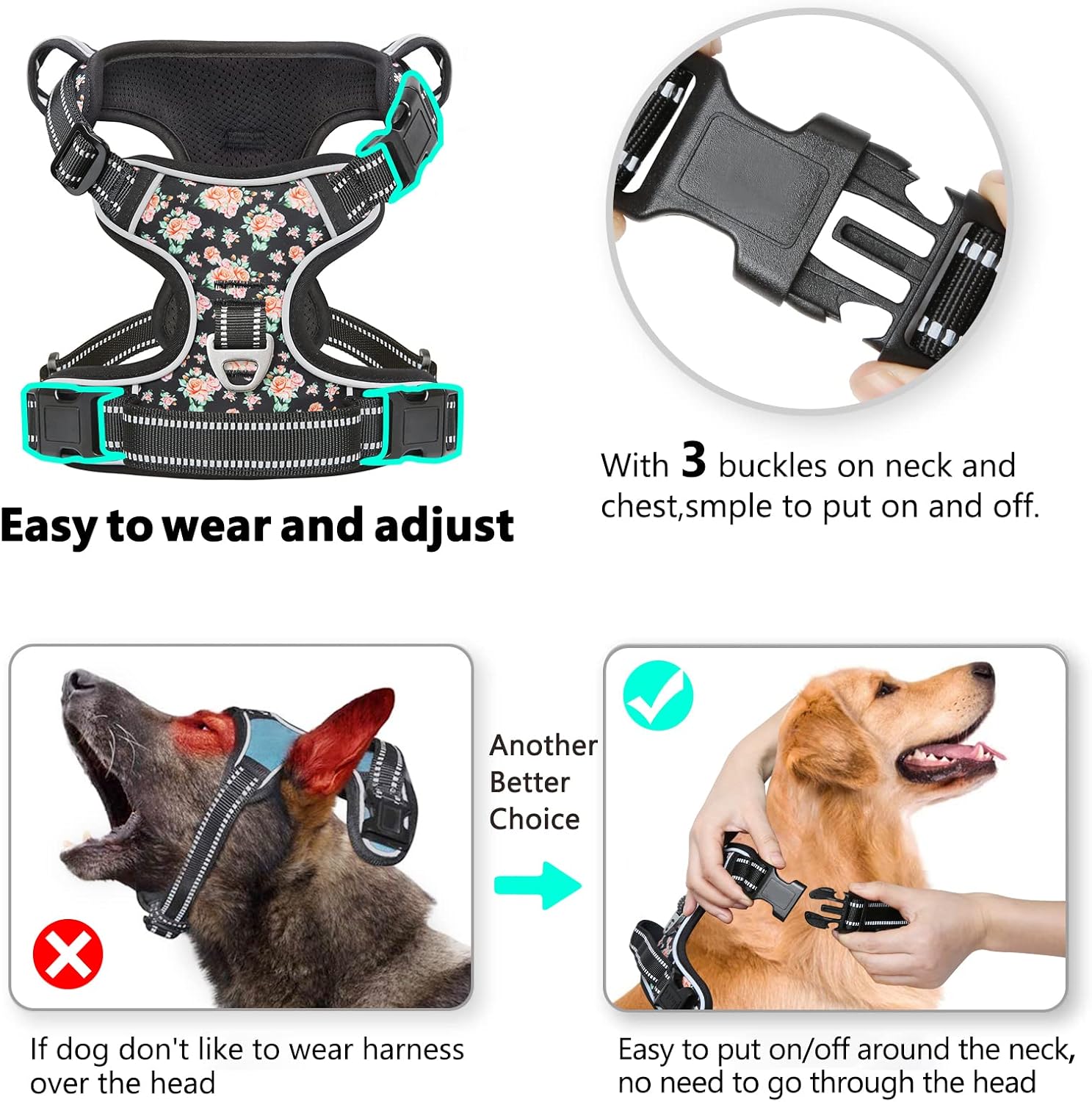 Timos Dog Harness 3 Snap Buckles NoPull Soft Padded Dog Vest With 2 Metal Leash Clips Small Dogs Black Rose S
