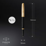 Parker 51 Fountain Pen, Deluxe Black Barrel with Gold Trim, Fine 18k Gold Nib with Black Ink Cartridge